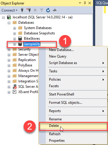 Удаление базы данных SQL Server, шаг 1