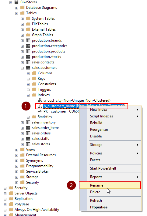 Переименование индекса SQL Server с помощью SSMS