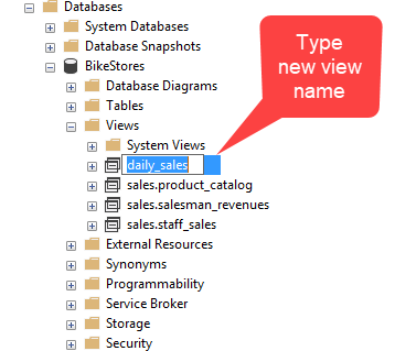 Переименование представления SQL Server с помощью SSMS — введите новое имя представления